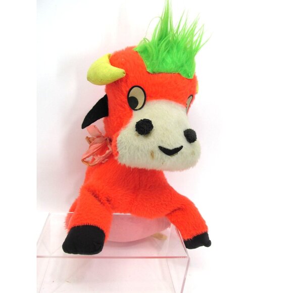 RARE 1950 Fair Carnival Prize Vintage Orange Bull Plush Toy Green Hair Bow cow - Picture 1 of 7